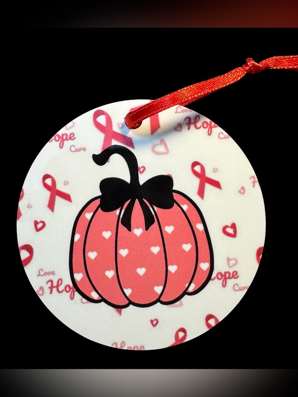 Breast Cancer Awareness Pumpkin Pink White Flat Round Wooden Holiday Ornament
